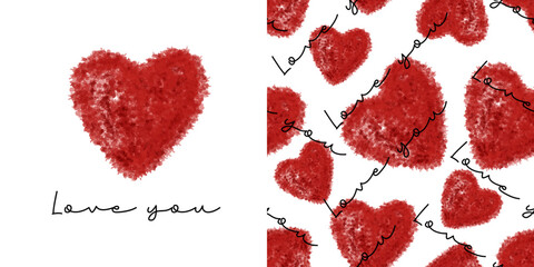 Red heart icon with hand written font vector illustration. Love you set. Valentine's day seamless pattern.