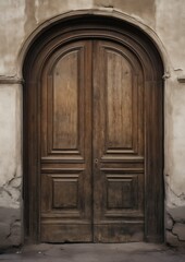 Fototapeta na wymiar Weathered wooden door in an ancient building with a graceful arched doorway. Dark brown hue and worn texture showcase its age and history