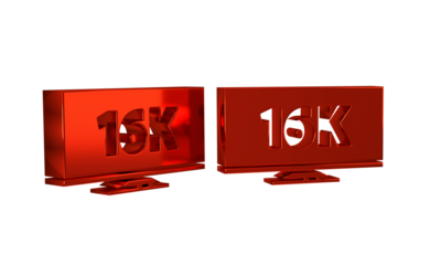 Red Screen tv with 16k Ultra HD video technology icon isolated on transparent background.
