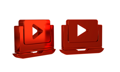 Red Online play video icon isolated on transparent background. Laptop and film strip with play sign.
