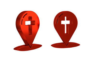 Red Map pointer with christian cross icon isolated on transparent background.