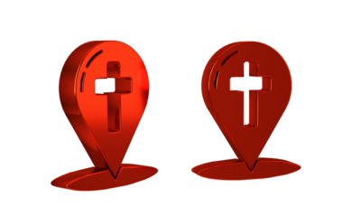 Red Map pointer with christian cross icon isolated on transparent background.