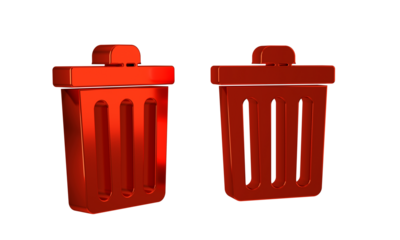 Red Trash can icon isolated on transparent background. Garbage bin sign. Recycle basket icon. Office trash icon.