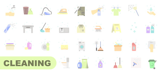 PrintColored cleaning company symbol icons. Vector set of linear icons on the theme of cleaning. Cleaning icons.