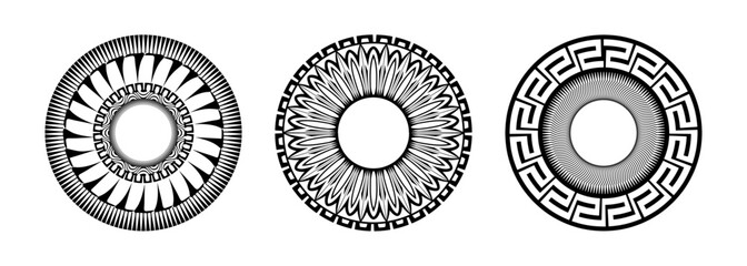 A Set of vector illustrations featuring halftone-effect lines within geometric round frames. Retro patterned border lines. ideal for logo, card, T shirt print. 