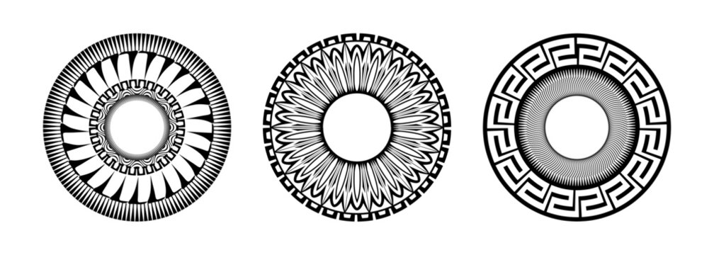 A Set of vector illustrations featuring halftone-effect lines within geometric round frames. Retro patterned border lines. ideal for logo, card, T shirt print. 