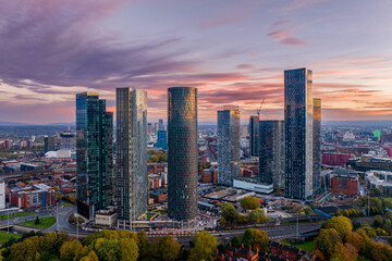 Manchester, England, Manchester City centre Aerial sunrise view of Deansgate Square and...
