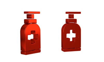 Red Bottle of liquid antibacterial soap with dispenser icon isolated on transparent background. Antiseptic. Disinfection, hygiene, skin care.