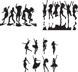 Silhouettes of women dancing isolated on white background