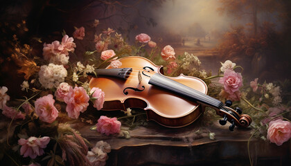 a violin is surrounded by flowers and a violin