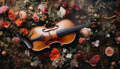 a violin is surrounded by flowers and a violin