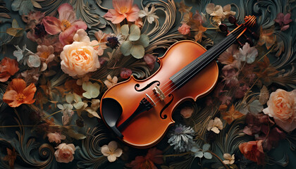 a violin is surrounded by flowers and a violin - obrazy, fototapety, plakaty