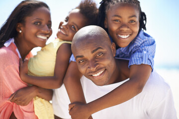 Black family, parents or children and portrait outdoor for adventure, holiday or vacation in...