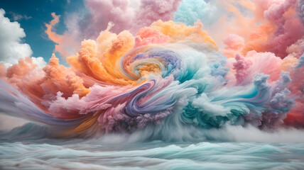 Fototapeta na wymiar Colorful pastel clouds or smoky ocean waves in a swirling motion. Abstract vivid background design.