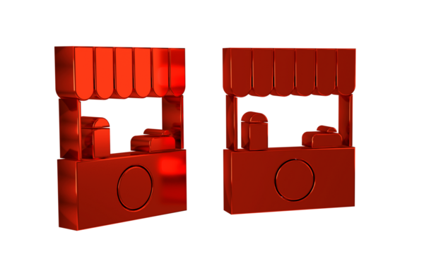 Red Street stall with awning and wooden rack icon isolated on transparent background. Kiosk with wooden rack.
