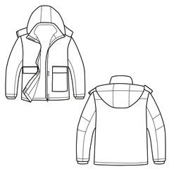 Windbreaker hooded jacket, windproof hooded jacket for girls with pockets. Outerwear jackets technical fashion illustration. Flat coat template front and back view. © Arfa Yudha