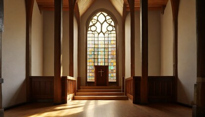 Fototapeta na wymiar 協会の玄関　アーチ状の美しい窓や細工されたガラス窓
