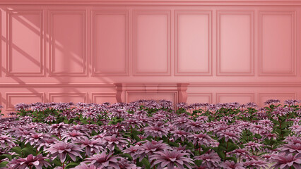 The room is full of flowers. 3D illustration, 3D rendering