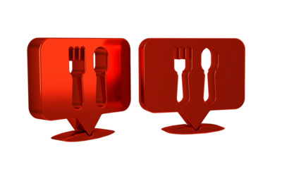 Red Cafe and restaurant location icon isolated on transparent background. Fork and spoon eatery sign inside pinpoint. .