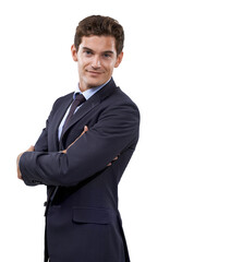 Businessman, arms crossed and portrait in studio as professional and corporate career with pride. Person, face and smile for management, formal suit and about us for accountant by white background
