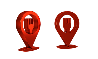 Red Cafe and restaurant location icon isolated on transparent background. Fork and spoon eatery sign inside pinpoint. .