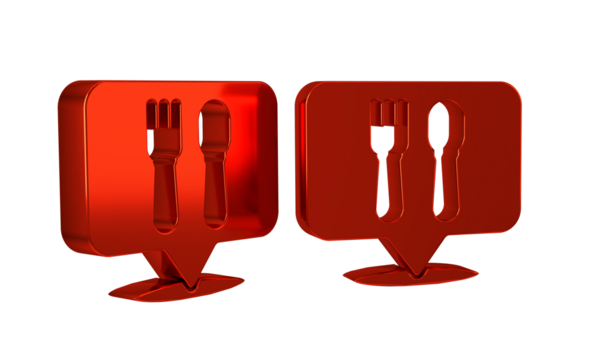 Red Cafe and restaurant location icon isolated on transparent background. Fork and spoon eatery sign inside pinpoint. .