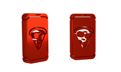 Red Food ordering pizza icon isolated on transparent background. Order by mobile phone. Restaurant food delivery concept.