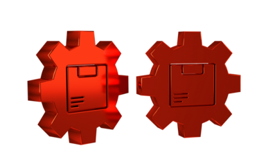 Red Gear wheel with package box icon isolated on transparent background. Box, package, parcel sign. Delivery and packaging.