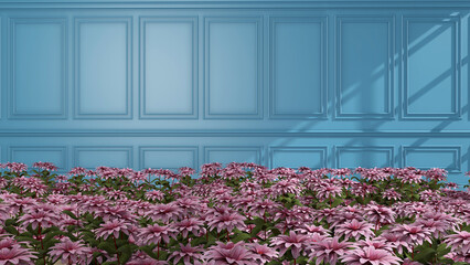 The room is full of flowers. 3D illustration, 3D rendering	
