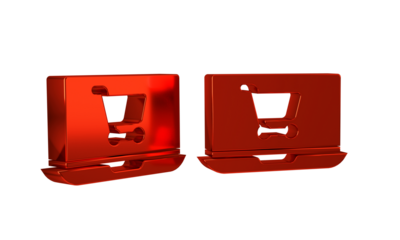 Red Shopping cart on screen laptop icon isolated on transparent background. Concept e-commerce, e-business, online business marketing.