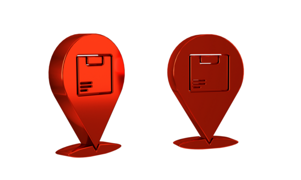Red Location with cardboard box icon isolated on transparent background. Delivery services, logistic and transportation, distribution.