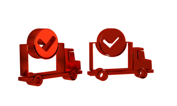 Red Delivery truck with check mark icon isolated on transparent background.