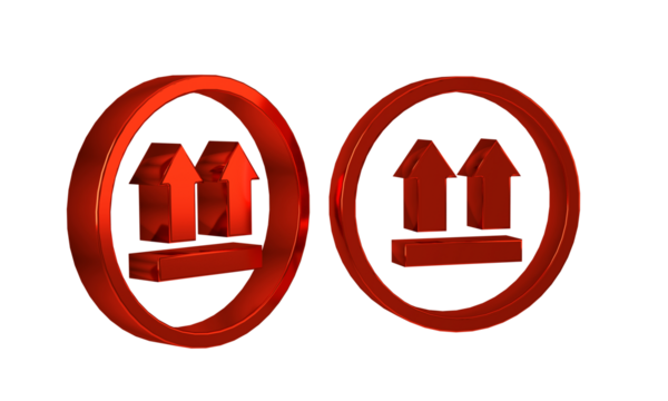 Red This side up icon isolated on transparent background. Two arrows indicating top side of packaging. Cargo handled.