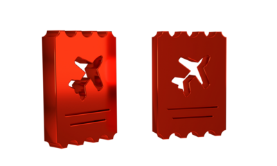 Red Airline ticket icon isolated on transparent background. Plane ticket.