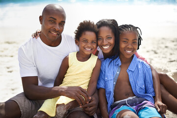 Black family, parents or children and portrait at beach for adventure, holiday or vacation in...