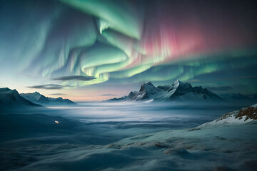 landscape with aurora and mountains
