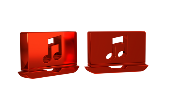 Red Laptop with music note symbol on screen icon isolated on transparent background.