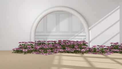 The room is full of flowers. 3D illustration, 3D rendering	