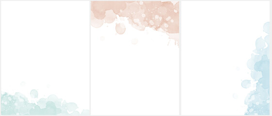 Set of 3 Delicate Abstract Watercolor Style Vector Layouts. Light Beige and Blue Paint Stains on a White Background. Pastel Color Stains and Splatter Print Set. RGB.