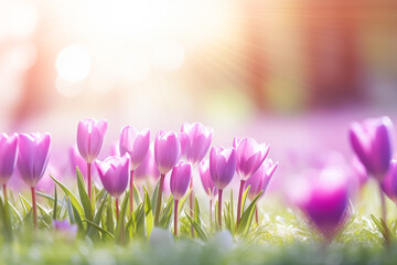 Beautiful natural image of spring meadow of young bright blooming purple tulips in morning sun in park in nature. Summer, spring natural landscape. 