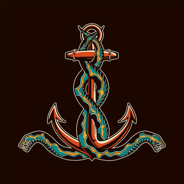 snake coiled around a traditional anchor tattoo
