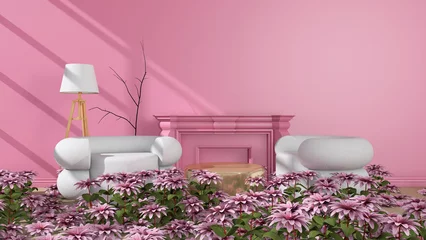 Fotobehang Fluor Roze Flower in the room. 3D illustration, 3D rendering   © wichuda