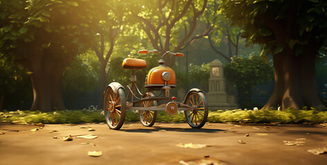 bicycles in the park, person riding a motorcycle, 3D cartoon image of a tricycle