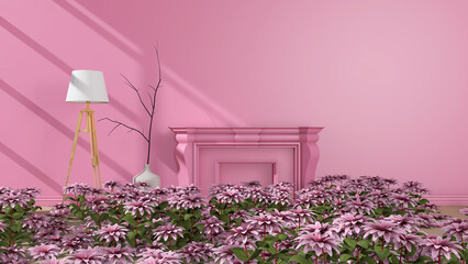 The room is full of flowers. 3D illustration, 3D rendering	