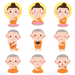 A peaceful and charming cartoon-style illustration featuring young Buddhist monks and Buddha figures in various meditative and daily life activities.