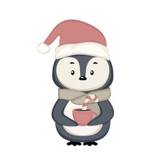 cute penguin in a santa claus hat holding a mug vector. eps 10
