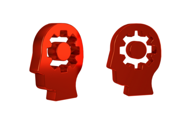 Red Human head with gear inside icon isolated on transparent background. Artificial intelligence. Thinking brain. Symbol work of brain.