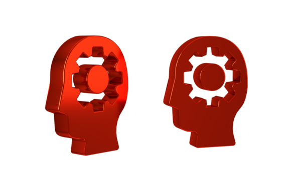 Red Human head with gear inside icon isolated on transparent background. Artificial intelligence. Thinking brain. Symbol work of brain.