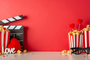 Love story premiere on Valentine's. Side view table set with clapperboard, 3D spectacles, striped popcorn boxes, sprinkles. Hearts and red wall create romantic ambiance for unforgettable memories - obrazy, fototapety, plakaty