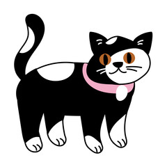 Vector cute funny spotted cat. Cartoon cat character in a flat style. A pet isolated on a white. Scared expression on her face, a black and white cat with a pink collar stands and looks at you